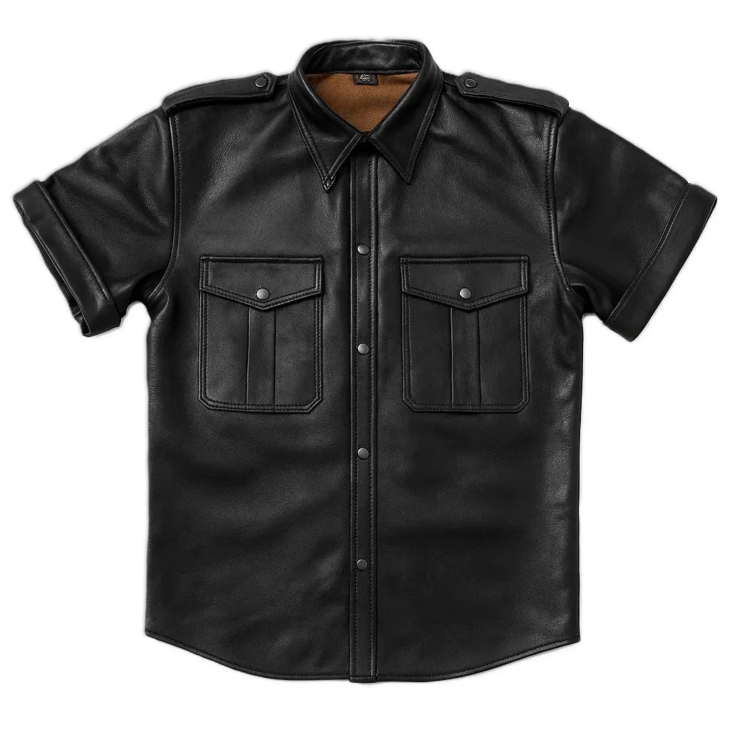 Sleek Black Short-Sleeve Leather Shirt