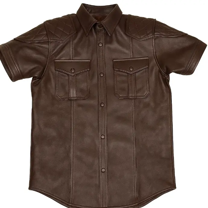 Faux Leather Short-Sleeve Zip Shirt – Dark Brown