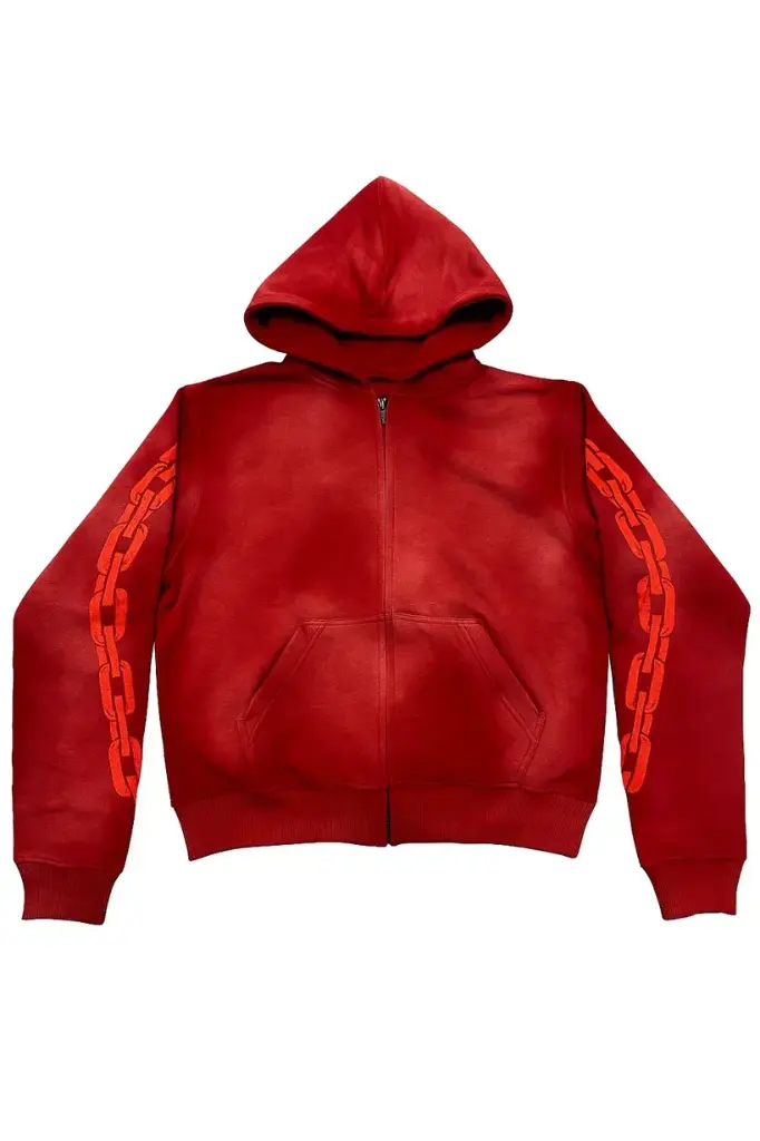 Red Chain‑Detail Zip‑Up Hoodie