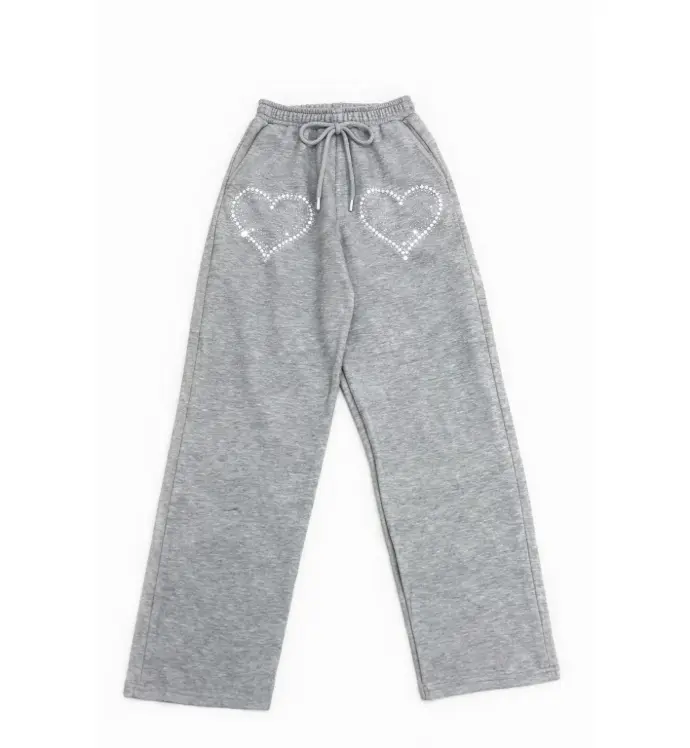 Rhinestone Hearts Sweat Pants - Heather Grey