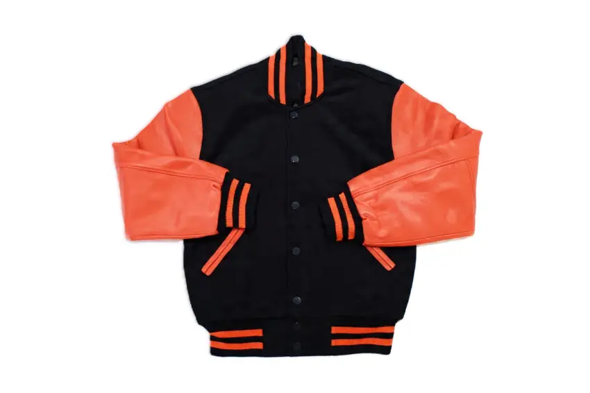 Black & Orange Varsity Jacket with Leather Sleeves