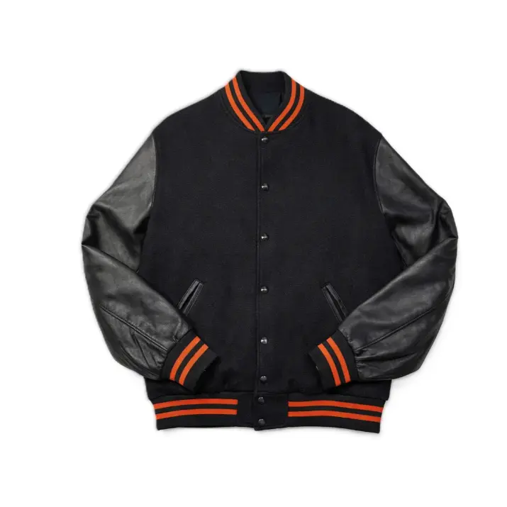 Varsity Jacket - Black with Leather Sleeves
