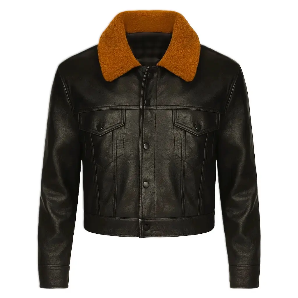 Leather Trucker Jacket with Shearling Collar