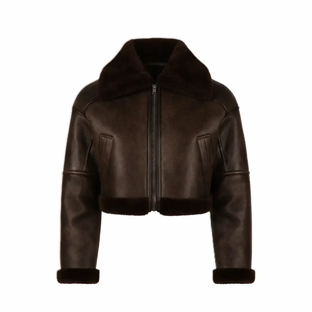 Cropped Shearling Leather Bomber Jacket