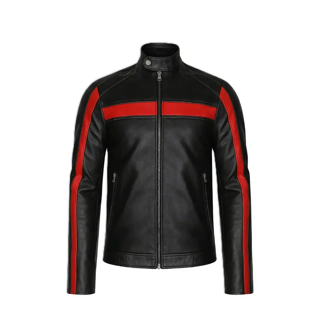 Men’s Leather Racer Jacket with Contrast Stripes