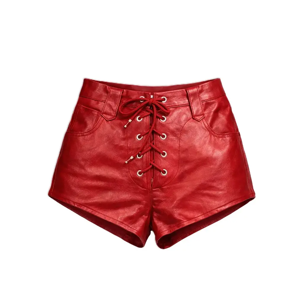 Lace-Up Front Leather Shorts – Red