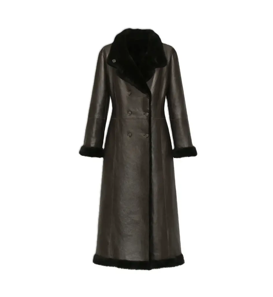 Long Leather Coat with Fur Trim