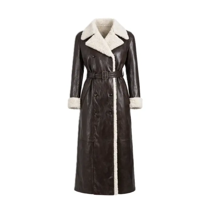 Shearling-Trim Leather Trench Coat
