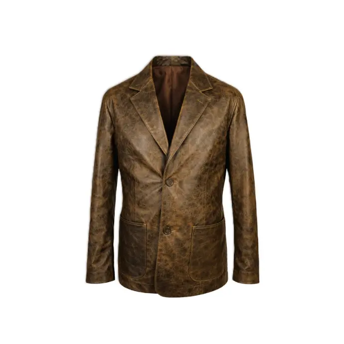 Distressed Brown Leather Blazer Jacket