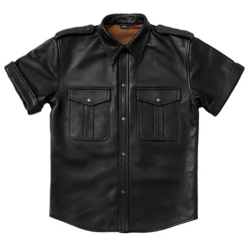 Sleek Black Short-Sleeve Leather Shirt