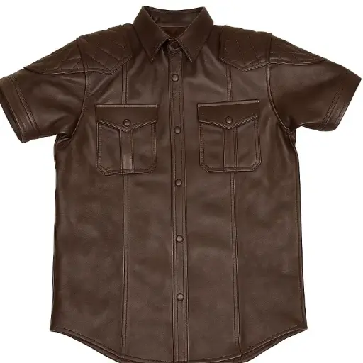 Faux Leather Short-Sleeve Zip Shirt – Dark Brown