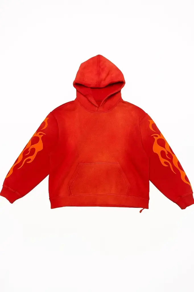 Flame Print Fleece Pullover Hoodie (Red)