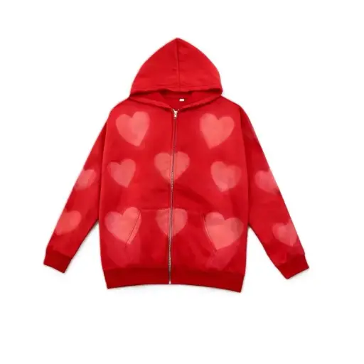 Red Heart‑Shaped Sun‑Faded Zip‑Up Hoodie
