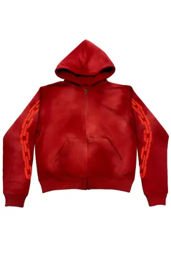 Red Chain‑Detail Zip‑Up Hoodie