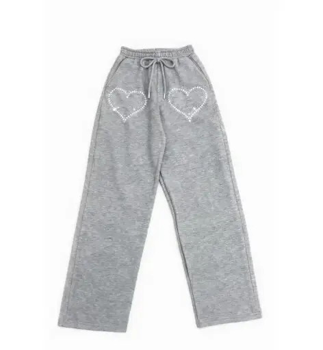 Rhinestone Hearts Sweat Pants - Heather Grey