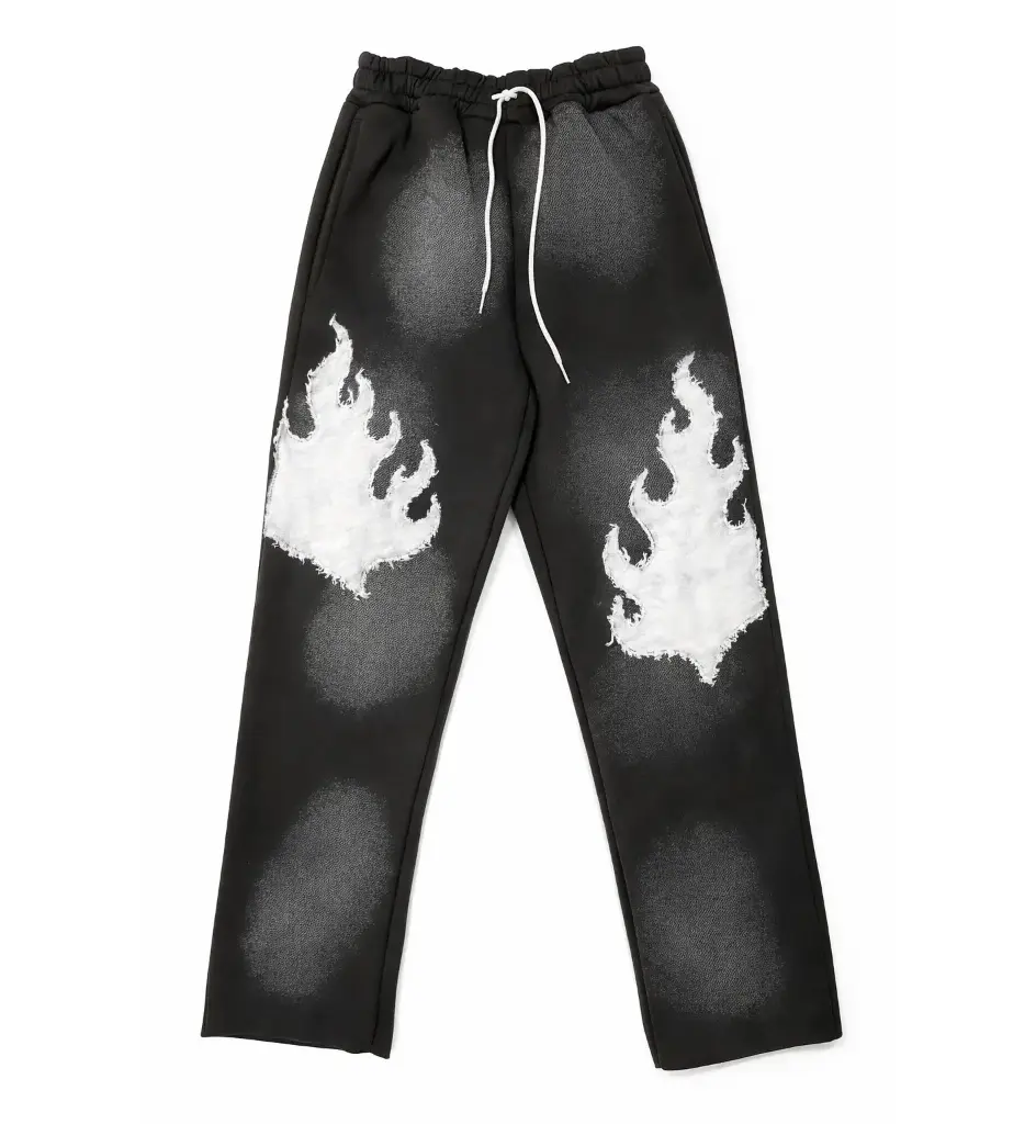 Distressed Patchwork Flame Black Sweatpants