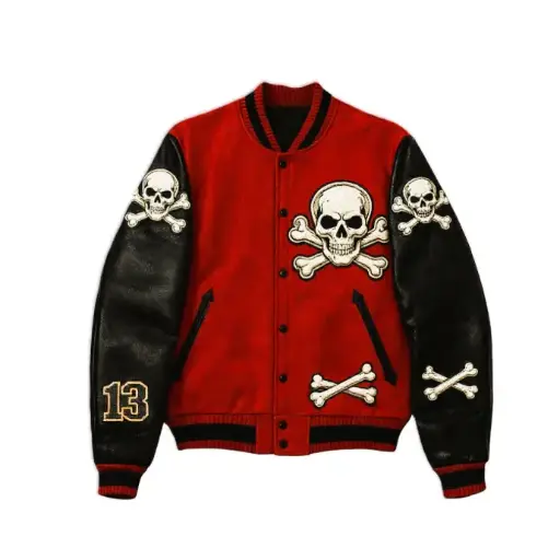 Red & Black Skull Patch Varsity Jacket