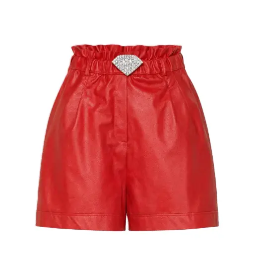 Red Elastic-Waist Leather Shorts