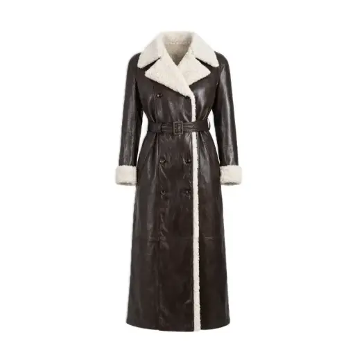Shearling-Trim Leather Trench Coat