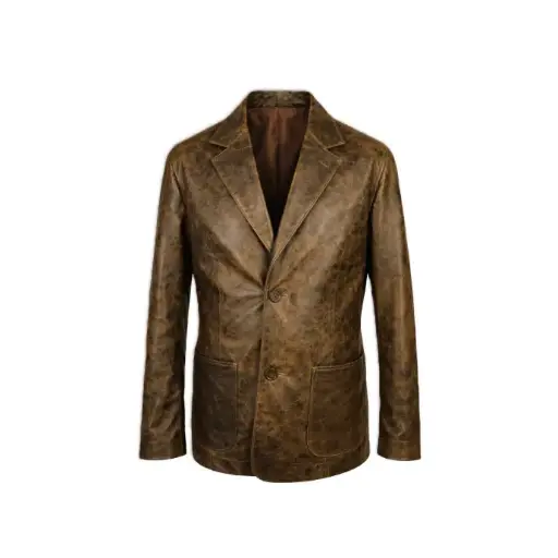 Distressed Brown Leather Blazer Jacket
